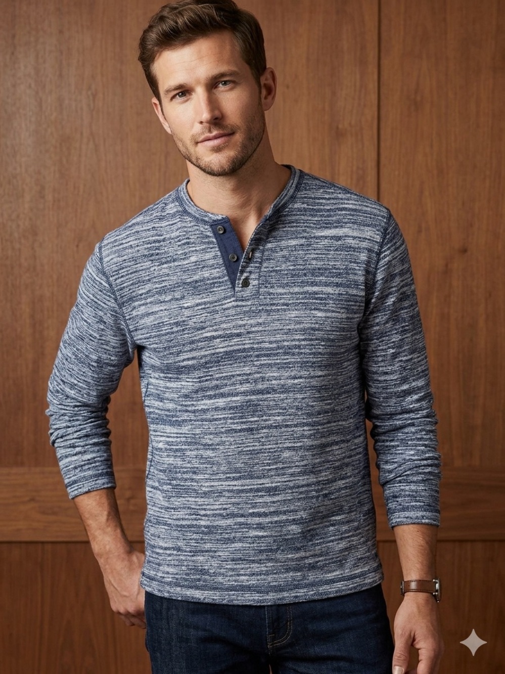 Daniel Cremieux Long-Sleeve Space-Dye Henley Shirt - Navy Blue Heather Size Med